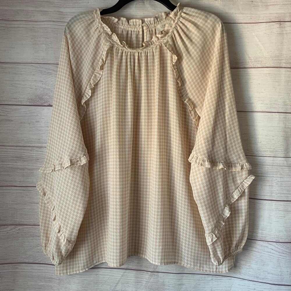 LOFT Outlet Houndstooth Ruffle Blouse Beige White Long Sleeve Peasat Size XL
